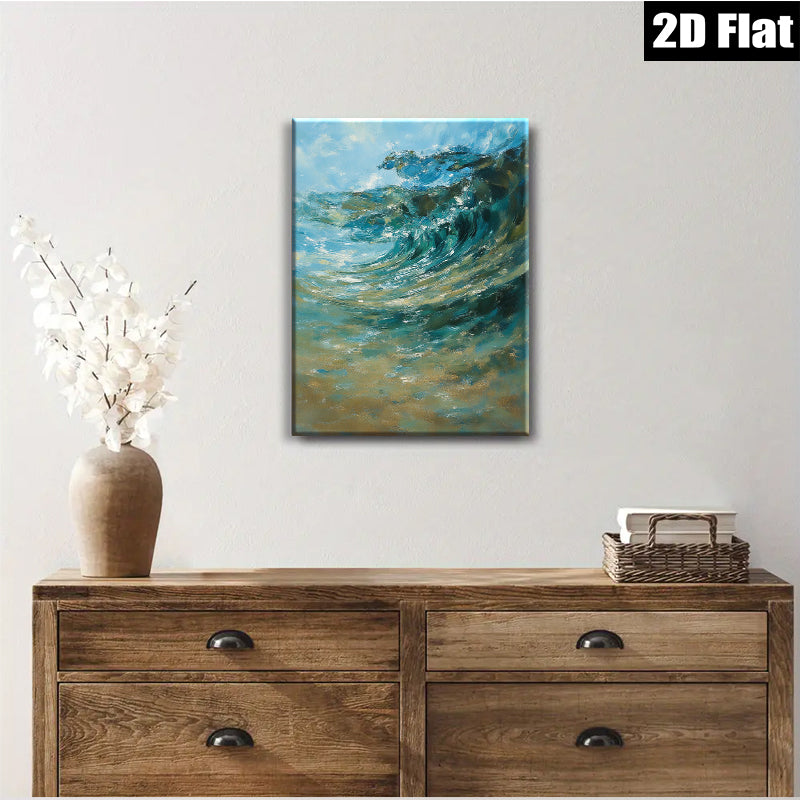 2D flat 1pc Coastal Wave Crashing Ocean Blue Abstract Canvas Wall Art for Living Room Bedroom Bathroom Modern Farmhouse Decor Gallery Wrapped Ready to Hang