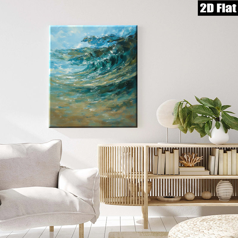 2D flat 1pc Coastal Wave Crashing Ocean Blue Abstract Canvas Wall Art for Living Room Bedroom Bathroom Modern Farmhouse Decor Gallery Wrapped Ready to Hang
