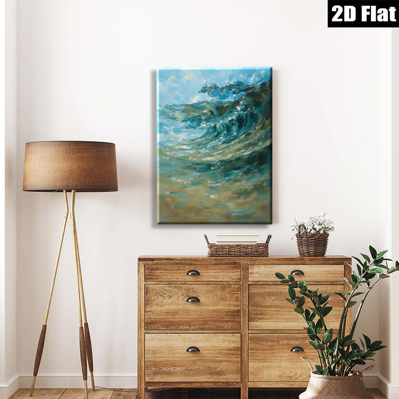 2D flat 1pc Coastal Wave Crashing Ocean Blue Abstract Canvas Wall Art for Living Room Bedroom Bathroom Modern Farmhouse Decor Gallery Wrapped Ready to Hang