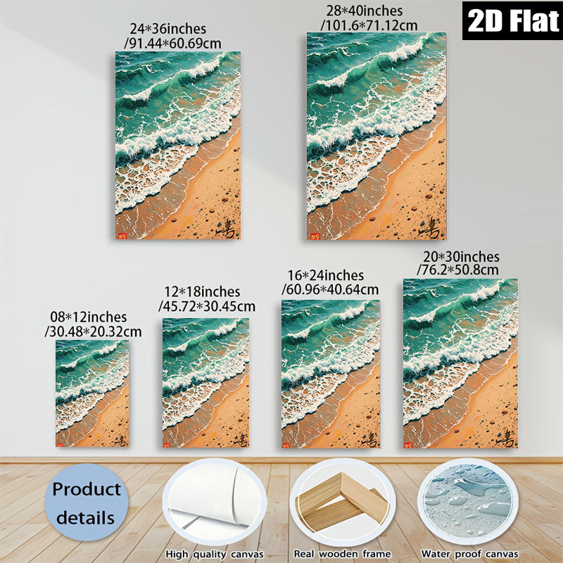 2D flat 1pc Coastal Waves Crashing Sandy Beach Wall Art Decor for Living Room Bedroom Modern Farmhouse Gallery Wrapped Canvas Prints Ready to Hang Aesthetic Room Decor