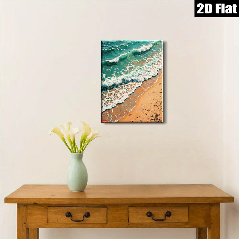 2D flat 1pc Coastal Waves Crashing Sandy Beach Wall Art Decor for Living Room Bedroom Modern Farmhouse Gallery Wrapped Canvas Prints Ready to Hang Aesthetic Room Decor