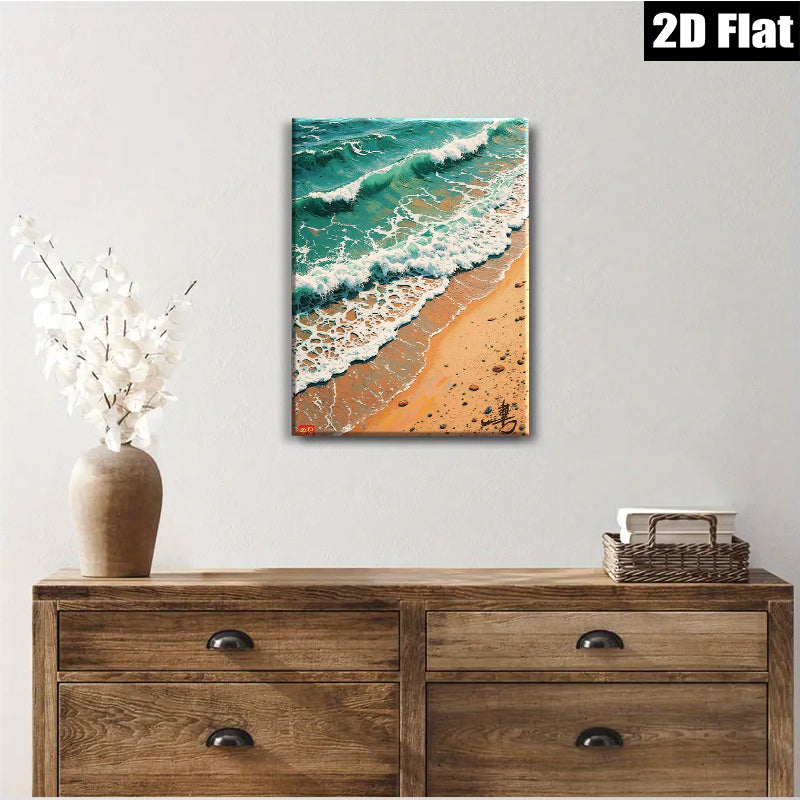 2D flat 1pc Coastal Waves Crashing Sandy Beach Wall Art Decor for Living Room Bedroom Modern Farmhouse Gallery Wrapped Canvas Prints Ready to Hang Aesthetic Room Decor