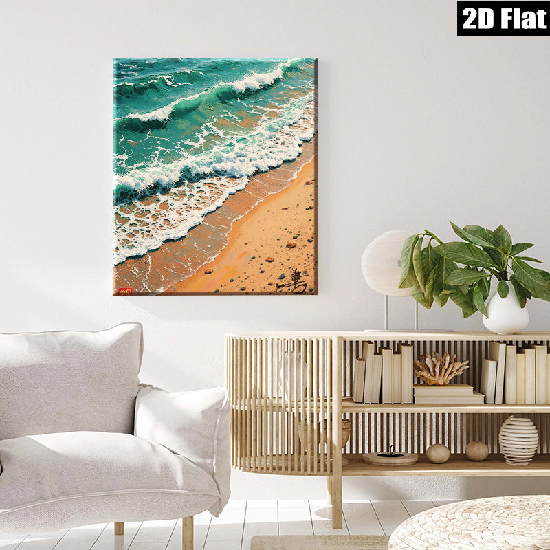 2D flat 1pc Coastal Waves Crashing Sandy Beach Wall Art Decor for Living Room Bedroom Modern Farmhouse Gallery Wrapped Canvas Prints Ready to Hang Aesthetic Room Decor