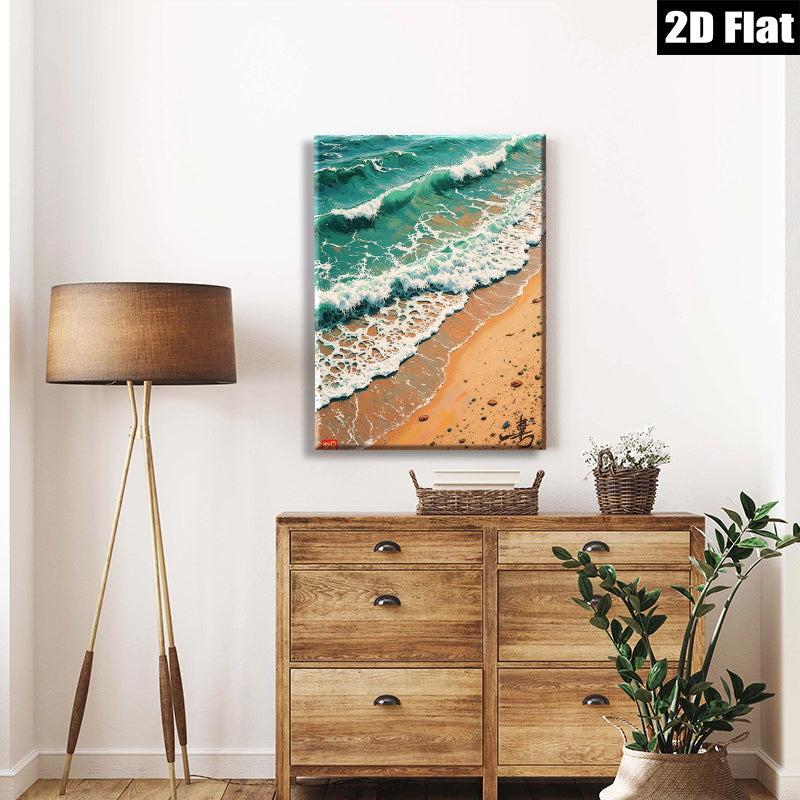2D flat 1pc Coastal Waves Crashing Sandy Beach Wall Art Decor for Living Room Bedroom Modern Farmhouse Gallery Wrapped Canvas Prints Ready to Hang Aesthetic Room Decor