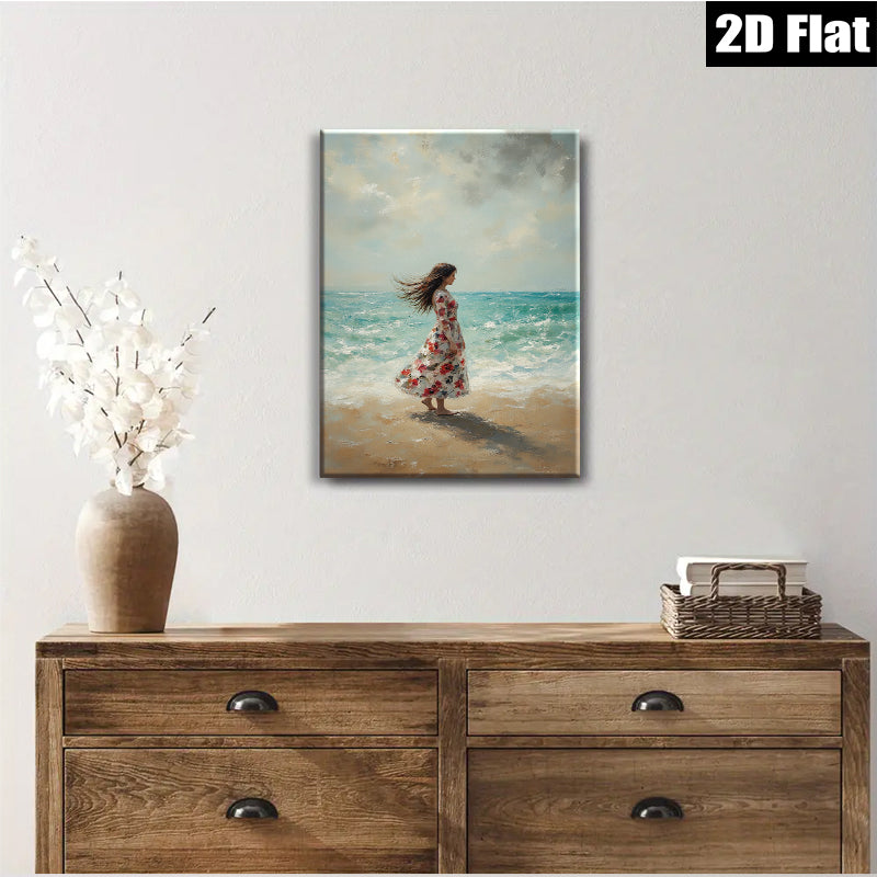 2D flat 1pc Coastal Woman Beach Scene Wall Art Decor Living Room Bedroom Modern Farmhouse Style Canvas Prints Wrapped Ready To Hang Large Size