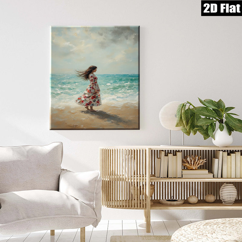 2D flat 1pc Coastal Woman Beach Scene Wall Art Decor Living Room Bedroom Modern Farmhouse Style Canvas Prints Wrapped Ready To Hang Large Size