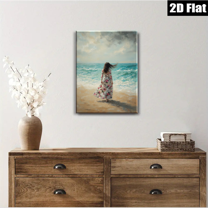 2D flat 1pc Coastal Woman Beach Scene Wall Art Living Room Bedroom Decor Farmhouse Style Canvas Prints for Home Modern Gallery Wrapped Ready to Hang