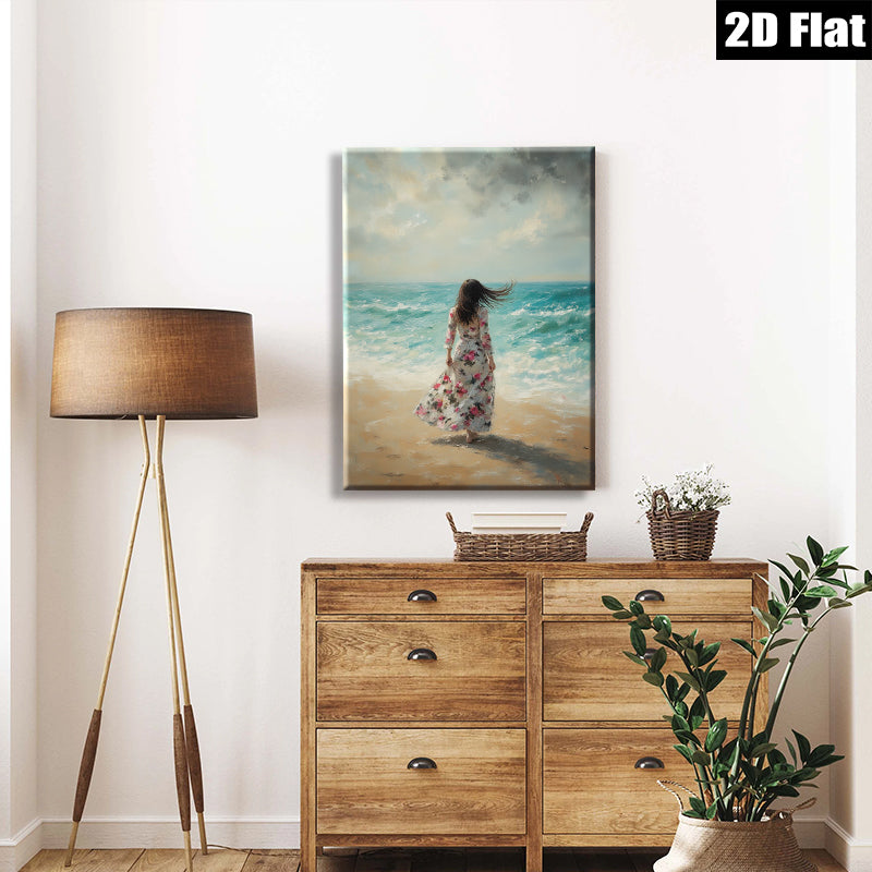 2D flat 1pc Coastal Woman Beach Scene Wall Art Living Room Bedroom Decor Farmhouse Style Canvas Prints for Home Modern Gallery Wrapped Ready to Hang