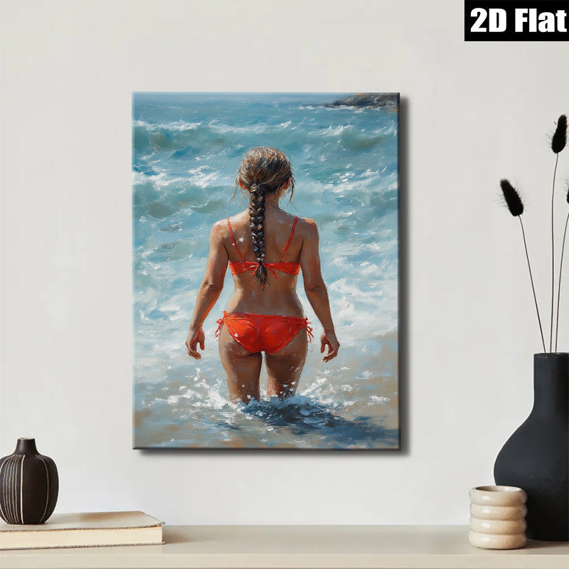 2D flat 1pc Coastal Woman Enjoys Ocean Waves Beach Wall Art Modern Bathroom Decor Living Room Canvas Prints Farmhouse Style Rustic Chic Gallery Wrapped Ready To Hang