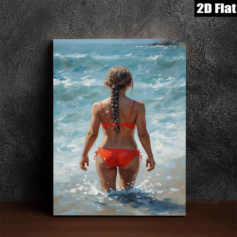 2D flat 1pc Coastal Woman Enjoys Ocean Waves Beach Wall Art Modern Bathroom Decor Living Room Canvas Prints Farmhouse Style Rustic Chic Gallery Wrapped Ready To Hang