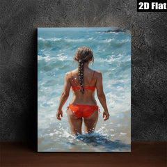 2D flat 1pc Coastal Woman Enjoys Ocean Waves Beach Wall Art Modern Bathroom Decor Living Room Canvas Prints Farmhouse Style Rustic Chic Gallery Wrapped Ready To Hang