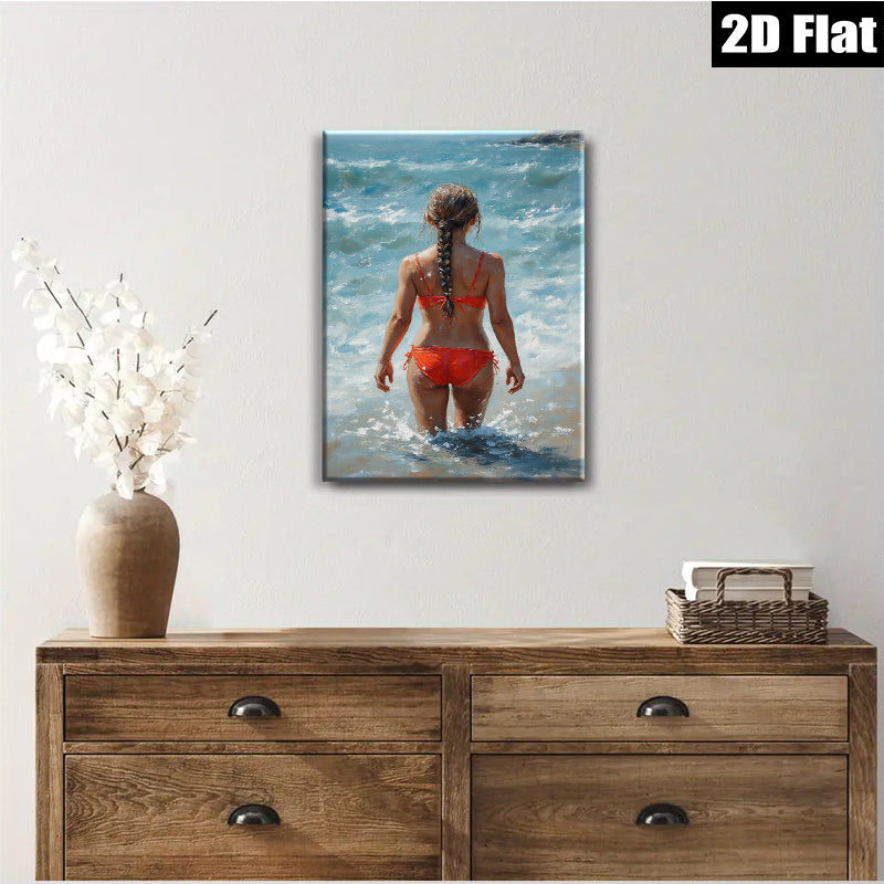2D flat 1pc Coastal Woman Enjoys Ocean Waves Beach Wall Art Modern Bathroom Decor Living Room Canvas Prints Farmhouse Style Rustic Chic Gallery Wrapped Ready To Hang
