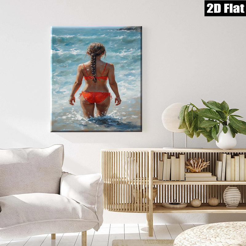 2D flat 1pc Coastal Woman Enjoys Ocean Waves Beach Wall Art Modern Bathroom Decor Living Room Canvas Prints Farmhouse Style Rustic Chic Gallery Wrapped Ready To Hang