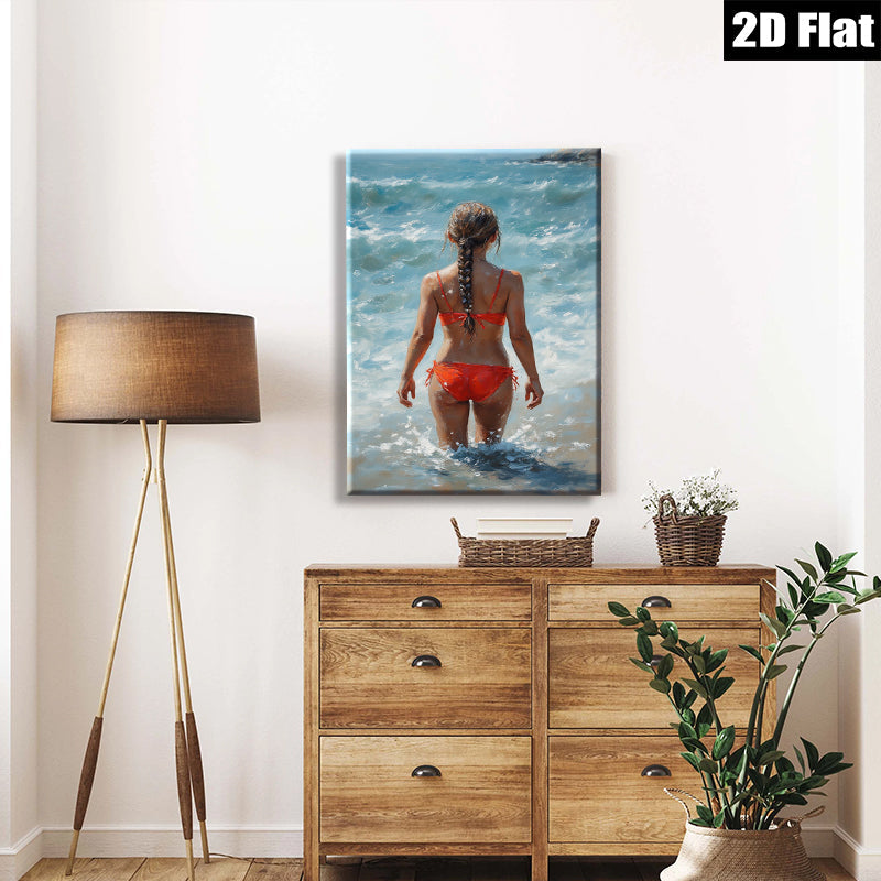 2D flat 1pc Coastal Woman Enjoys Ocean Waves Beach Wall Art Modern Bathroom Decor Living Room Canvas Prints Farmhouse Style Rustic Chic Gallery Wrapped Ready To Hang