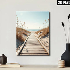 2D flat 1pc Coastal boardwalk leading to serene blue ocean beach wall art for living room bedroom home decor farmhouse style gallery wrapped canvas prints modern minimalist
