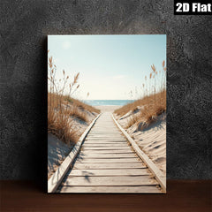 2D flat 1pc Coastal boardwalk leading to serene blue ocean beach wall art for living room bedroom home decor farmhouse style gallery wrapped canvas prints modern minimalist