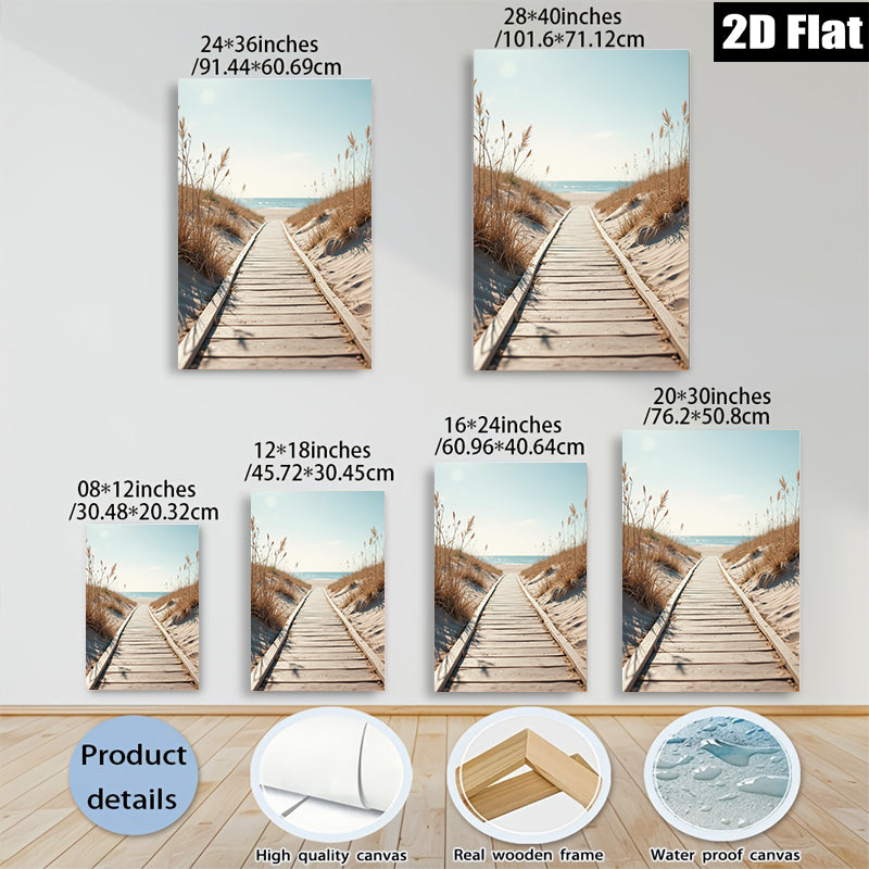 2D flat 1pc Coastal boardwalk leading to serene blue ocean beach wall art for living room bedroom home decor farmhouse style gallery wrapped canvas prints modern minimalist
