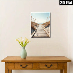 2D flat 1pc Coastal boardwalk leading to serene blue ocean beach wall art for living room bedroom home decor farmhouse style gallery wrapped canvas prints modern minimalist