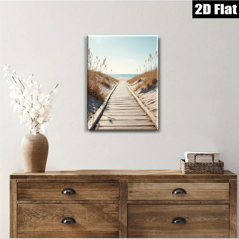 2D flat 1pc Coastal boardwalk leading to serene blue ocean beach wall art for living room bedroom home decor farmhouse style gallery wrapped canvas prints modern minimalist