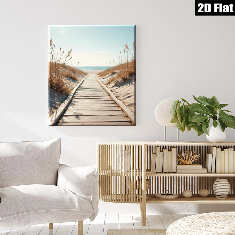 2D flat 1pc Coastal boardwalk leading to serene blue ocean beach wall art for living room bedroom home decor farmhouse style gallery wrapped canvas prints modern minimalist
