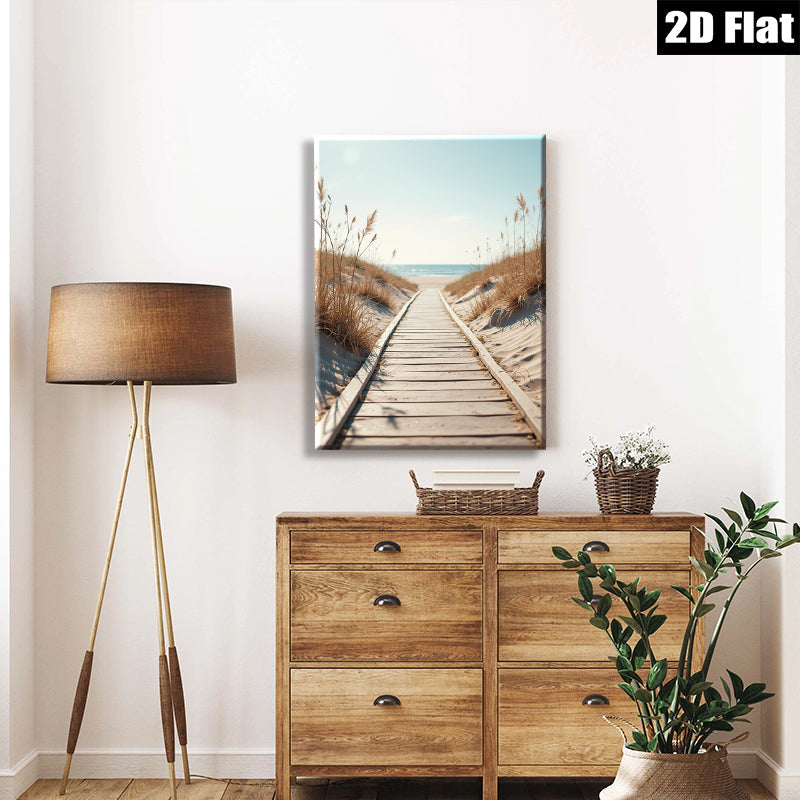 2D flat 1pc Coastal boardwalk leading to serene blue ocean beach wall art for living room bedroom home decor farmhouse style gallery wrapped canvas prints modern minimalist