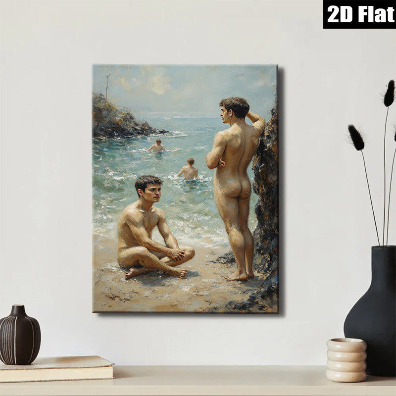 2D flat 1pc Coastal boys enjoying sun sand waves beach scene wall art living room bedroom decor farmhouse style modern art canvas prints