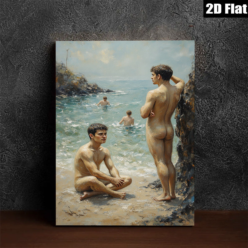 2D flat 1pc Coastal boys enjoying sun sand waves beach scene wall art living room bedroom decor farmhouse style modern art canvas prints