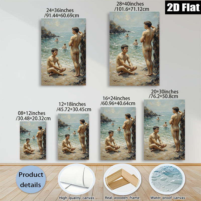 2D flat 1pc Coastal boys enjoying sun sand waves beach scene wall art living room bedroom decor farmhouse style modern art canvas prints
