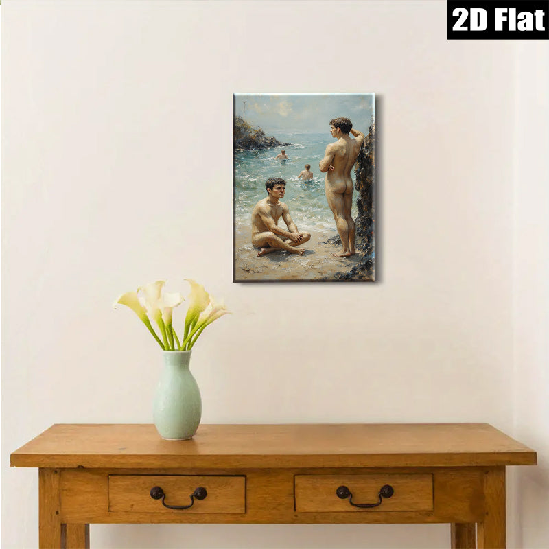 2D flat 1pc Coastal boys enjoying sun sand waves beach scene wall art living room bedroom decor farmhouse style modern art canvas prints