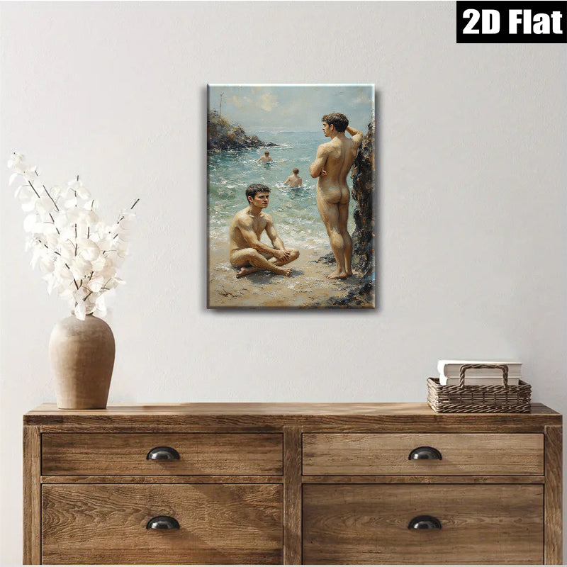 2D flat 1pc Coastal boys enjoying sun sand waves beach scene wall art living room bedroom decor farmhouse style modern art canvas prints