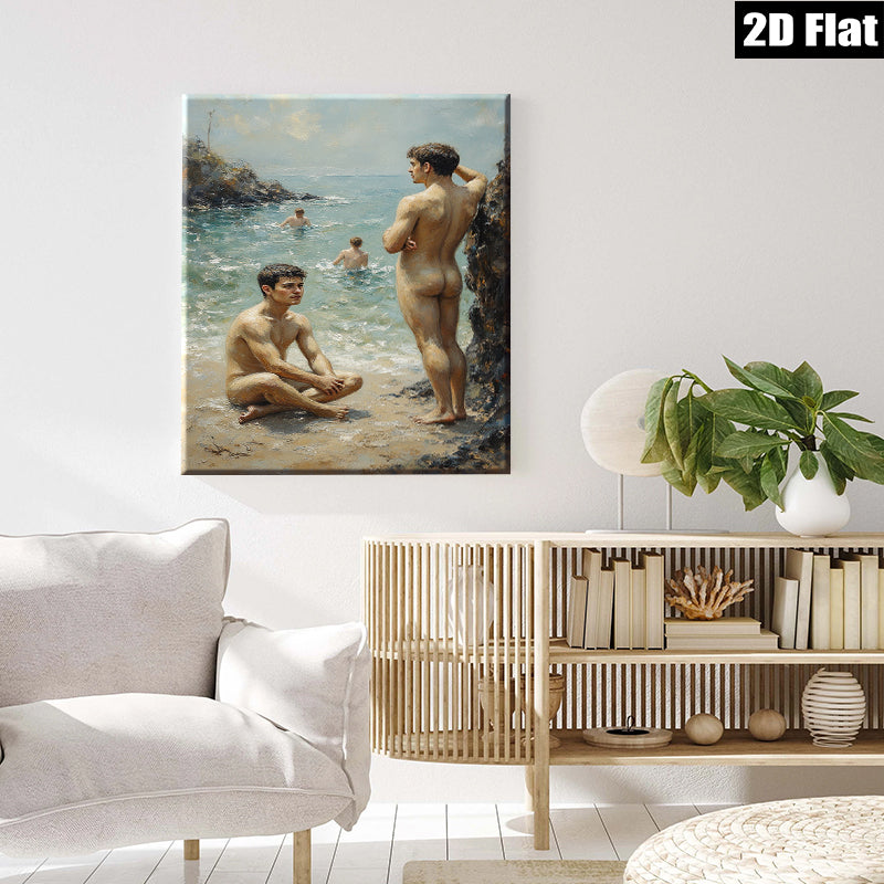 2D flat 1pc Coastal boys enjoying sun sand waves beach scene wall art living room bedroom decor farmhouse style modern art canvas prints