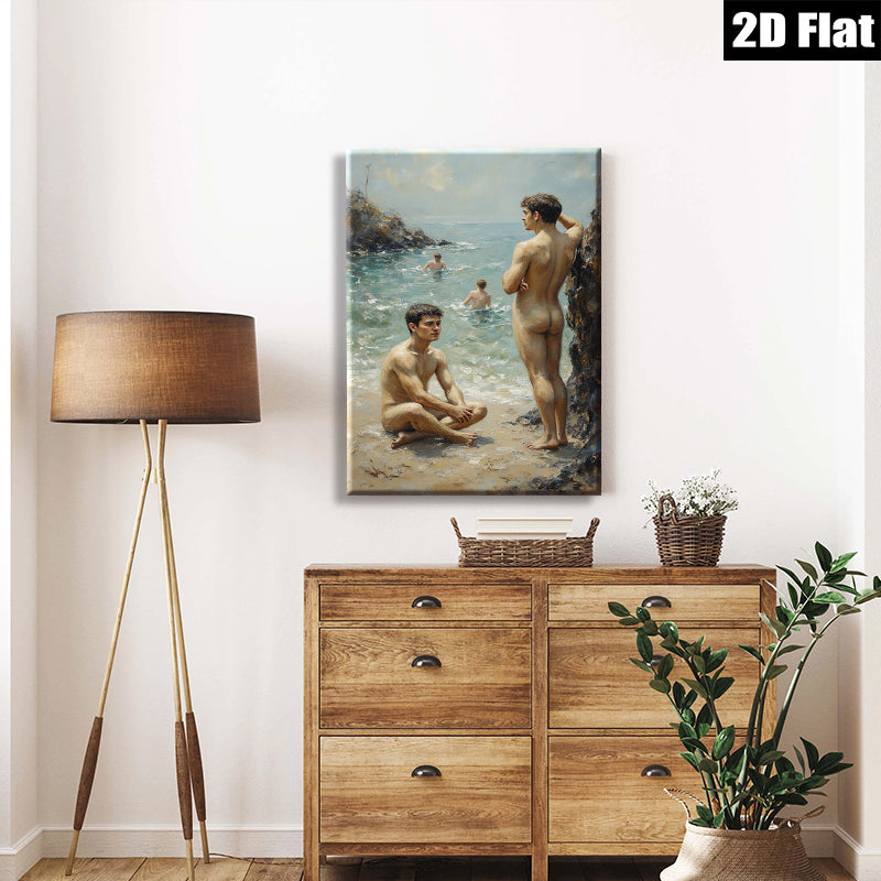 2D flat 1pc Coastal boys enjoying sun sand waves beach scene wall art living room bedroom decor farmhouse style modern art canvas prints