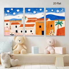 2D flat 1pc Coastal village scene under moonlit sky perfect for living room bedroom gallery wall farmhouse decor modern minimalist art
