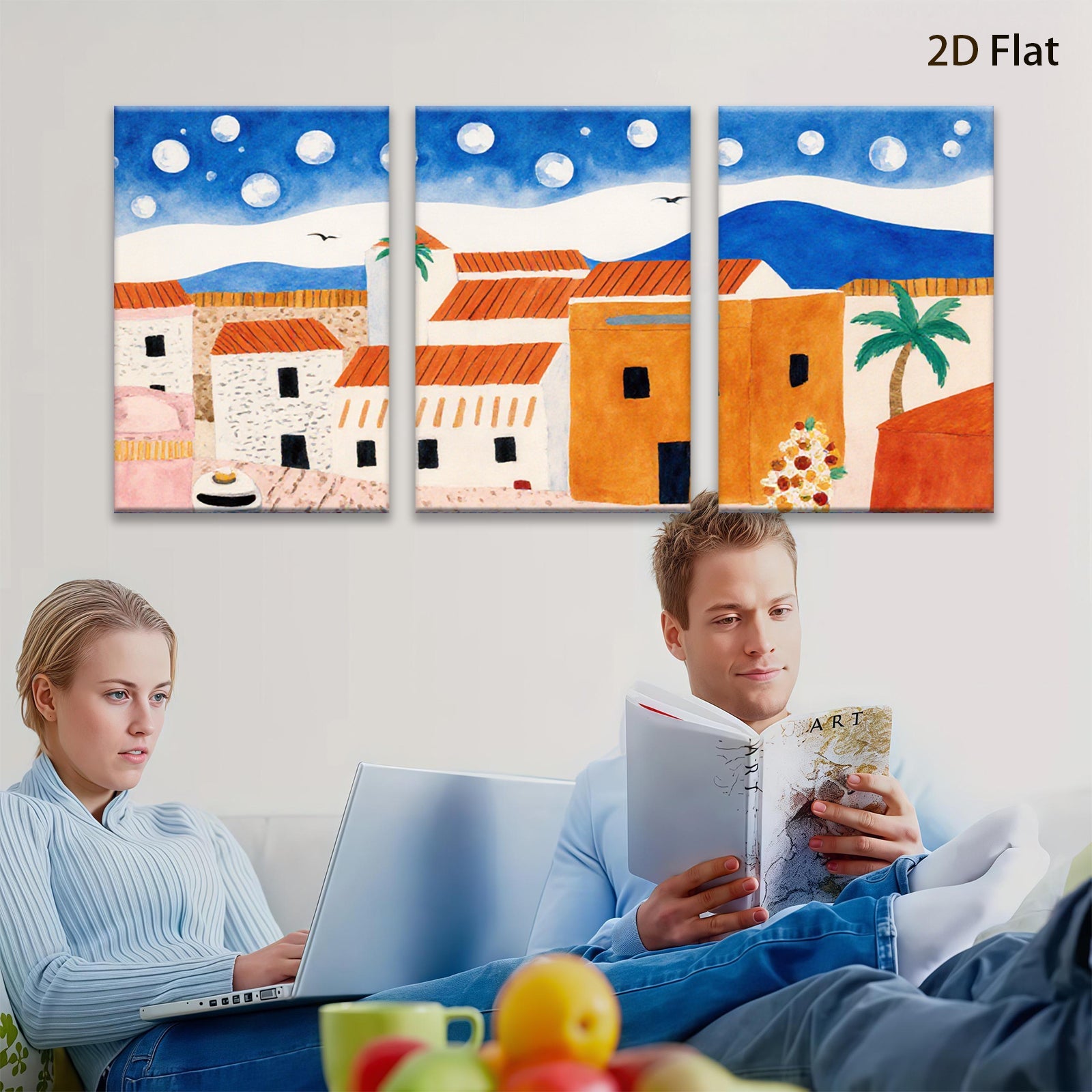 2D flat 1pc Coastal village scene under moonlit sky perfect for living room bedroom gallery wall farmhouse decor modern minimalist art