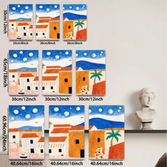 2D flat 1pc Coastal village scene under moonlit sky perfect for living room bedroom gallery wall farmhouse decor modern minimalist art