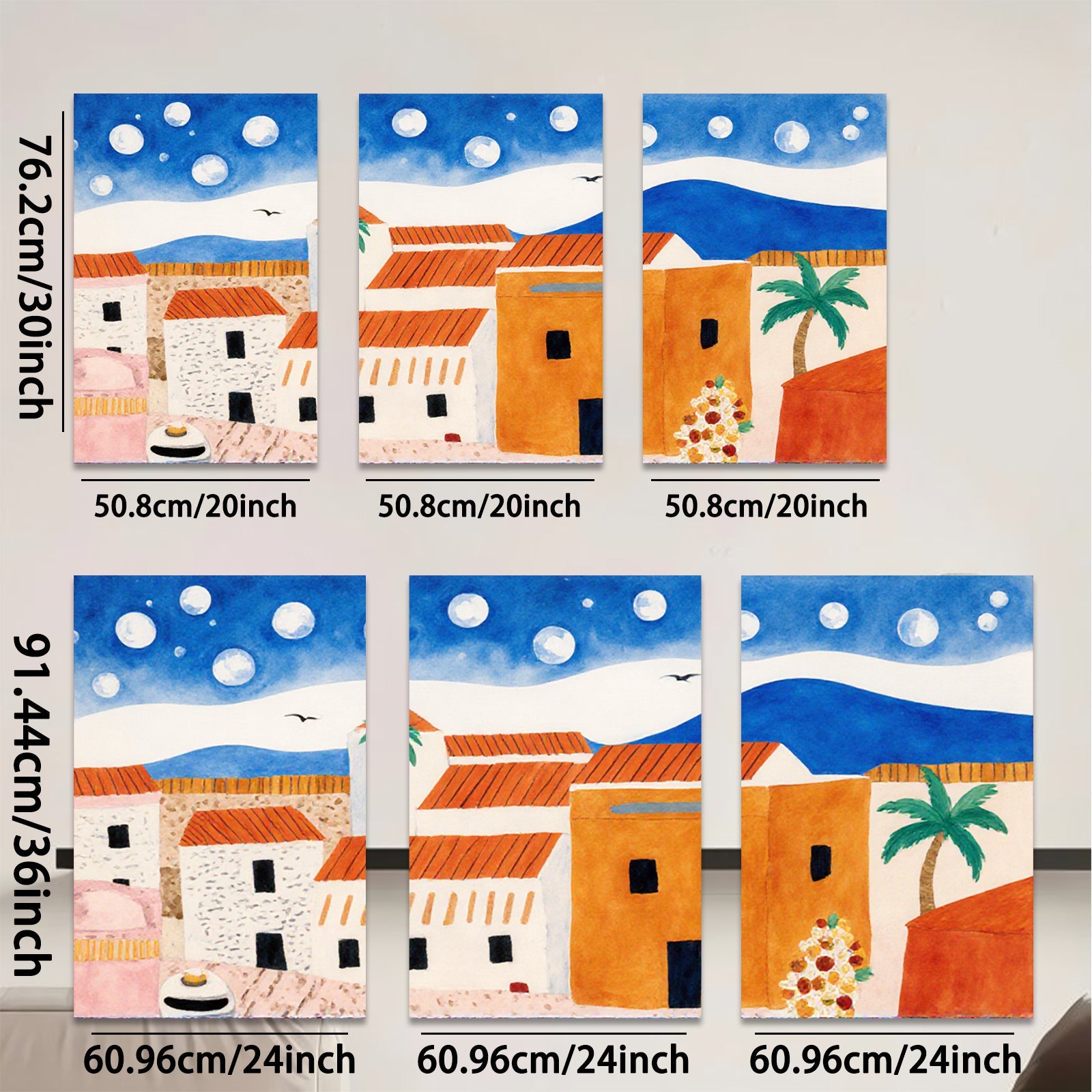 2D flat 1pc Coastal village scene under moonlit sky perfect for living room bedroom gallery wall farmhouse decor modern minimalist art