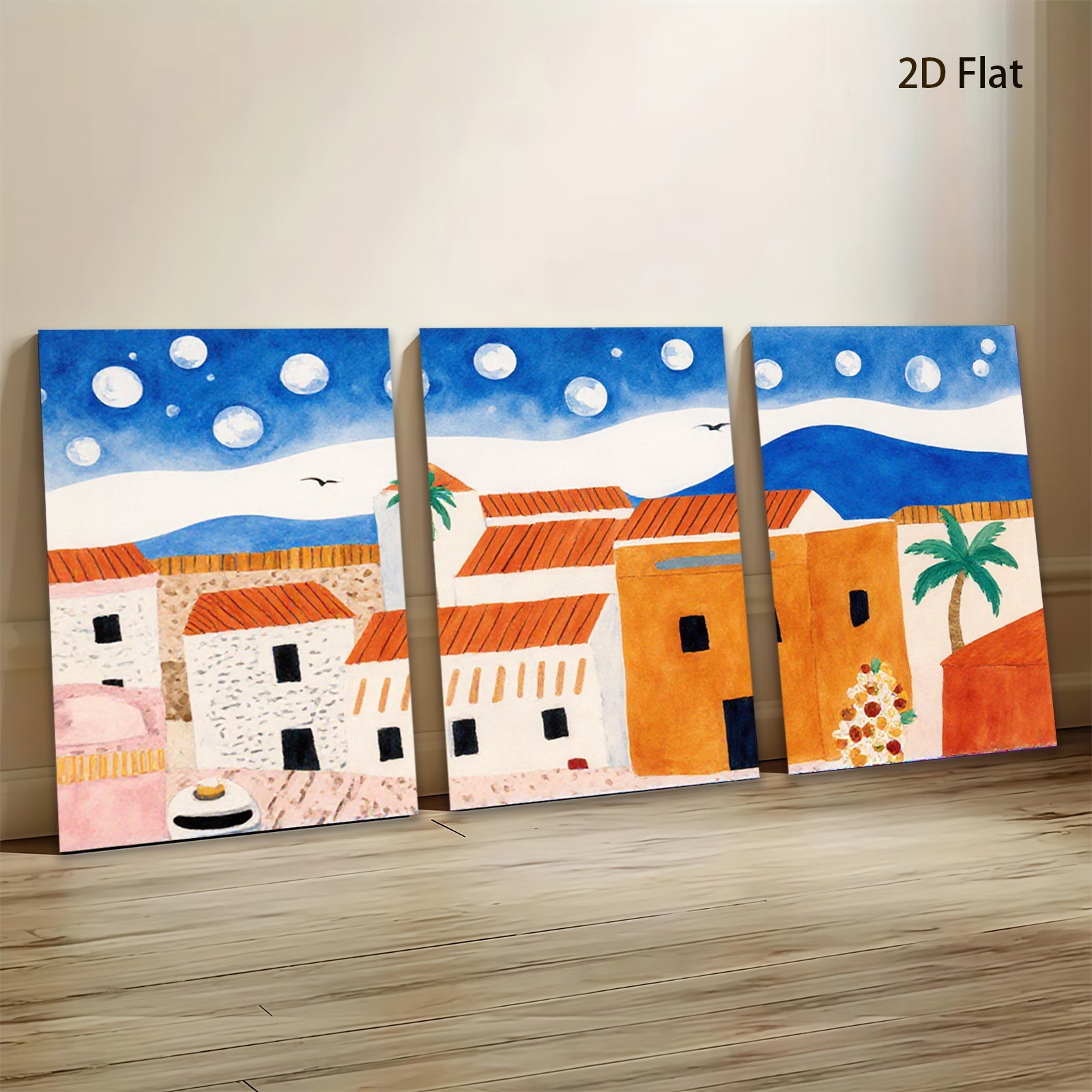 2D flat 1pc Coastal village scene under moonlit sky perfect for living room bedroom gallery wall farmhouse decor modern minimalist art