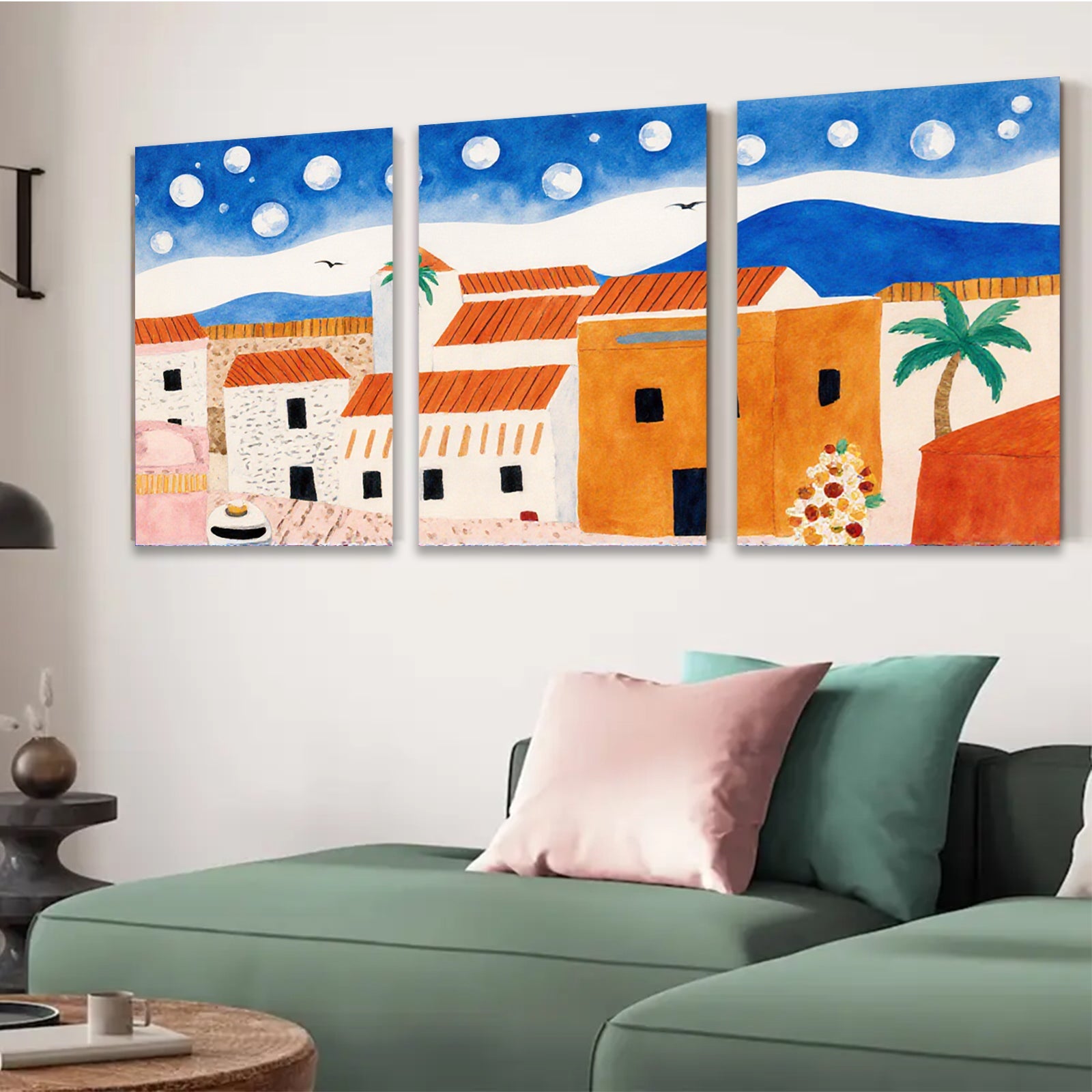 2D flat 1pc Coastal village scene under moonlit sky perfect for living room bedroom gallery wall farmhouse decor modern minimalist art