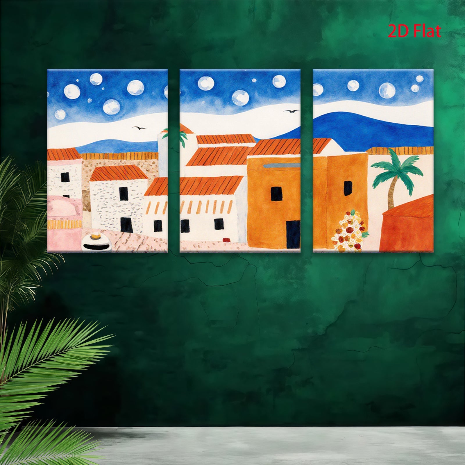 2D flat 1pc Coastal village scene under moonlit sky perfect for living room bedroom gallery wall farmhouse decor modern minimalist art