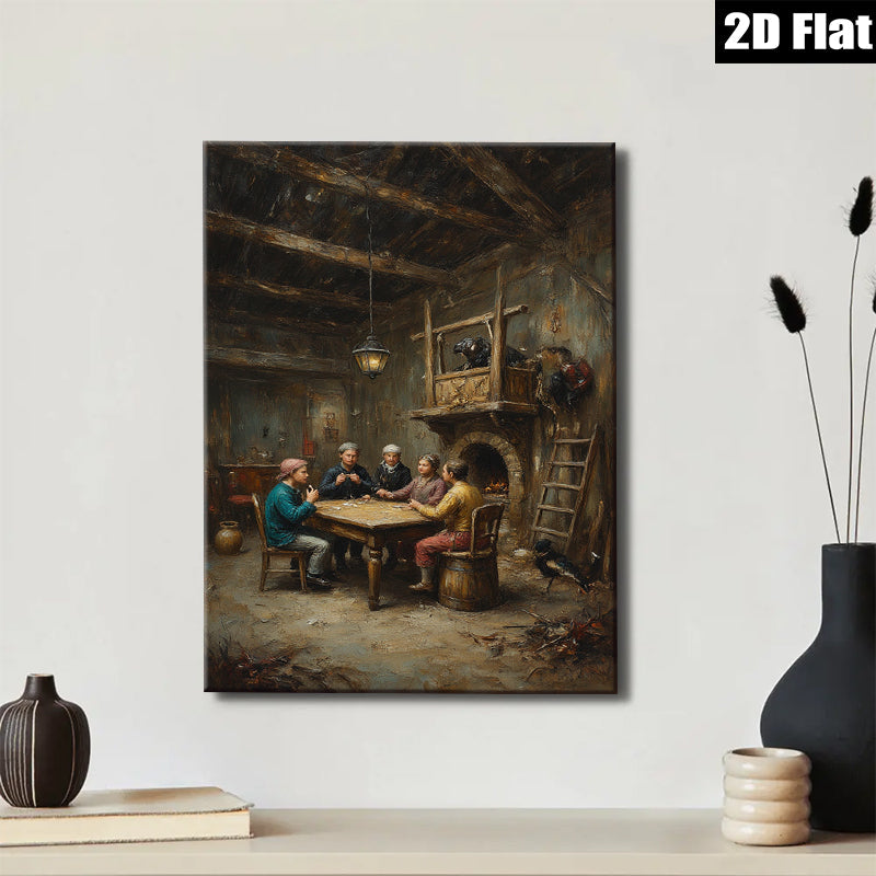 2D flat 1pc Colonial Family Game Night Historic Farmhouse Scene Wall Decor Living Room Bedroom Gallery Wrapped Canvas Print Farmhouse Style