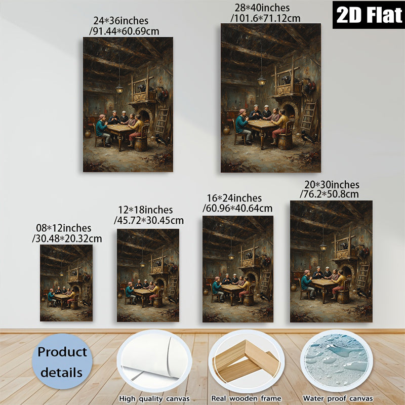 2D flat 1pc Colonial Family Game Night Historic Farmhouse Scene Wall Decor Living Room Bedroom Gallery Wrapped Canvas Print Farmhouse Style