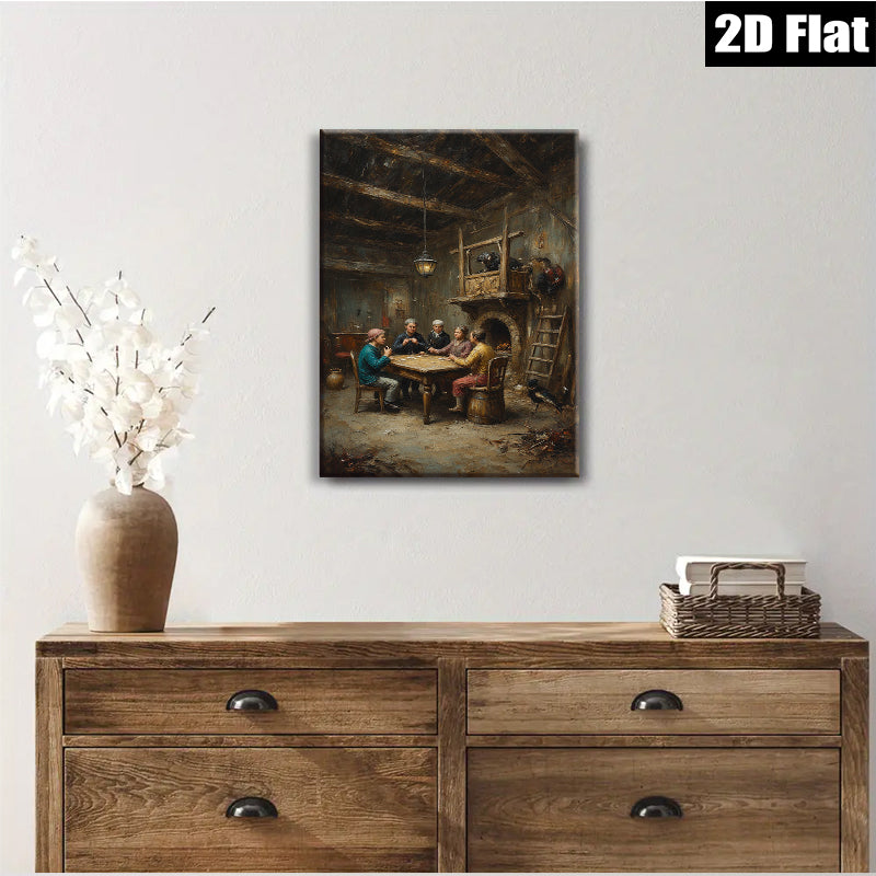 2D flat 1pc Colonial Family Game Night Historic Farmhouse Scene Wall Decor Living Room Bedroom Gallery Wrapped Canvas Print Farmhouse Style