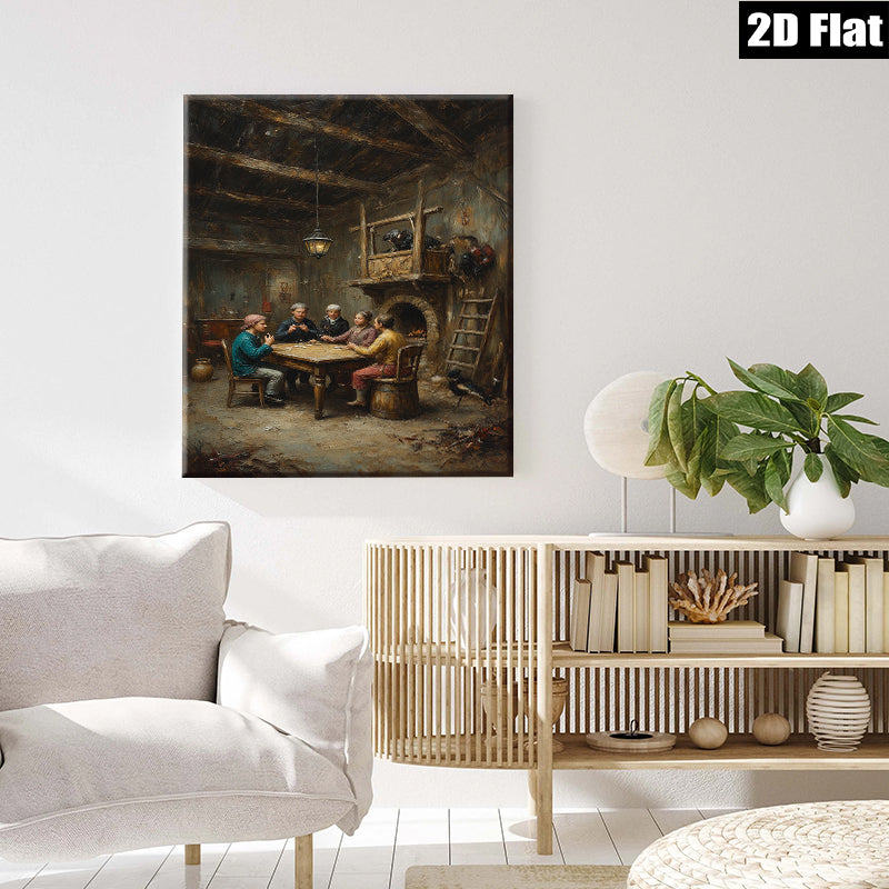 2D flat 1pc Colonial Family Game Night Historic Farmhouse Scene Wall Decor Living Room Bedroom Gallery Wrapped Canvas Print Farmhouse Style