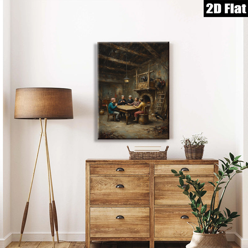 2D flat 1pc Colonial Family Game Night Historic Farmhouse Scene Wall Decor Living Room Bedroom Gallery Wrapped Canvas Print Farmhouse Style