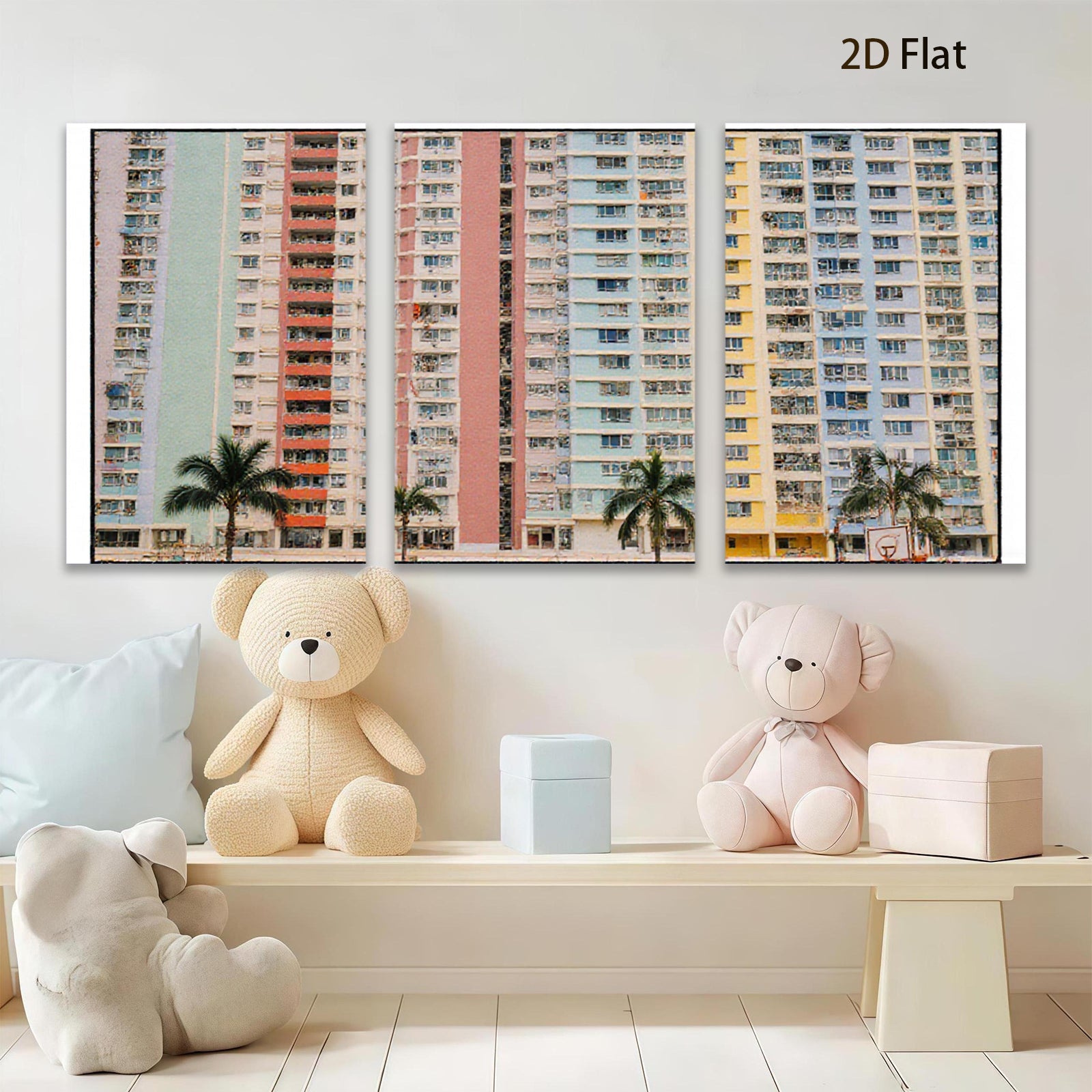 2D flat 1pc Colorful Hong Kong Apartment Buildings Modern Wall Art Living Room Bedroom Decor Coastal Aesthetic Gallery Wrapped Canvas Print Farmhouse Style