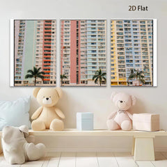 2D flat 1pc Colorful Hong Kong Apartment Buildings Modern Wall Art Living Room Bedroom Decor Coastal Aesthetic Gallery Wrapped Canvas Print Farmhouse Style