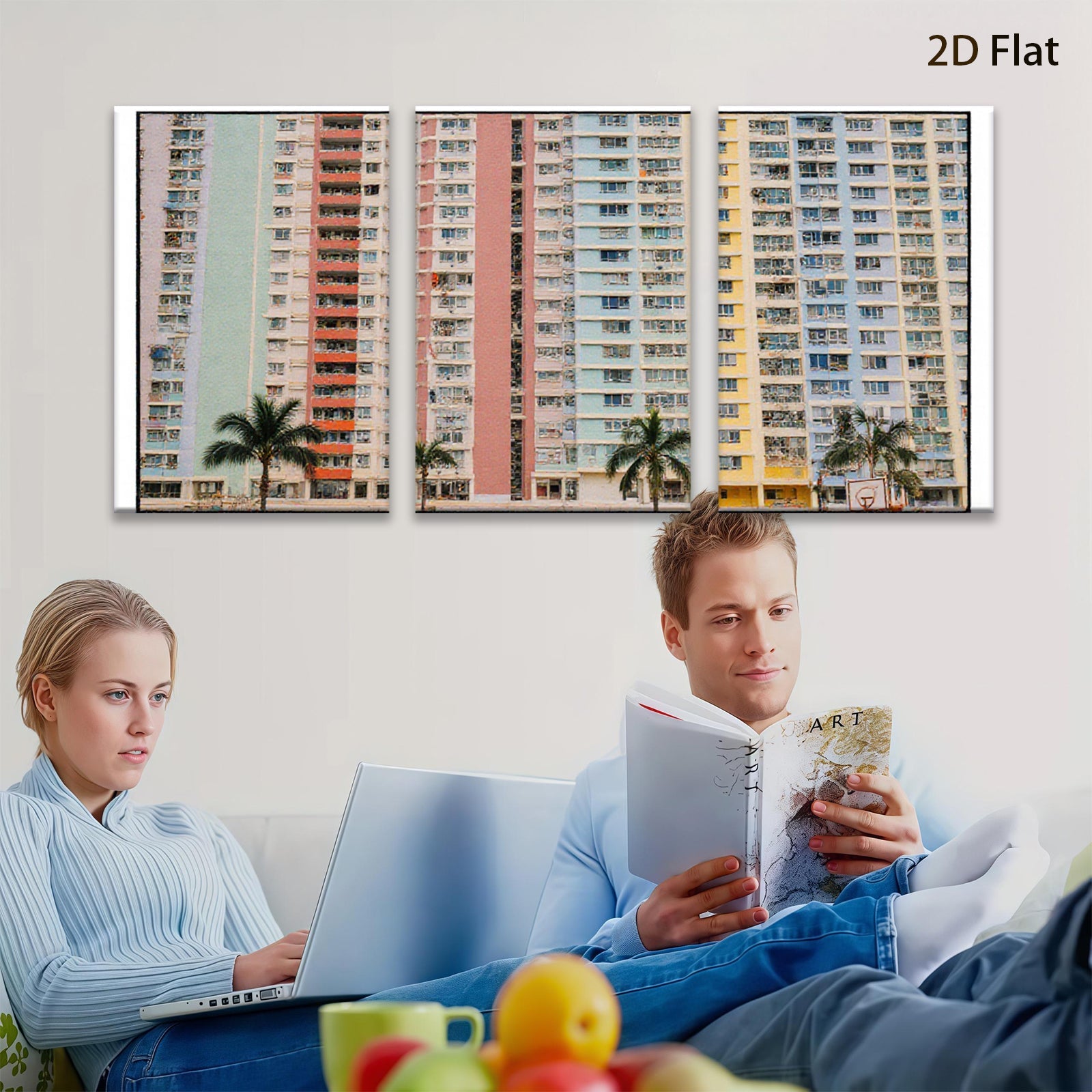 2D flat 1pc Colorful Hong Kong Apartment Buildings Modern Wall Art Living Room Bedroom Decor Coastal Aesthetic Gallery Wrapped Canvas Print Farmhouse Style