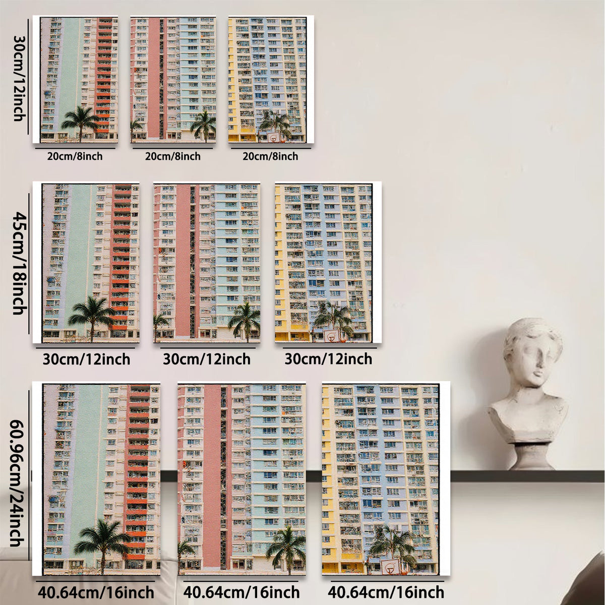 2D flat 1pc Colorful Hong Kong Apartment Buildings Modern Wall Art Living Room Bedroom Decor Coastal Aesthetic Gallery Wrapped Canvas Print Farmhouse Style