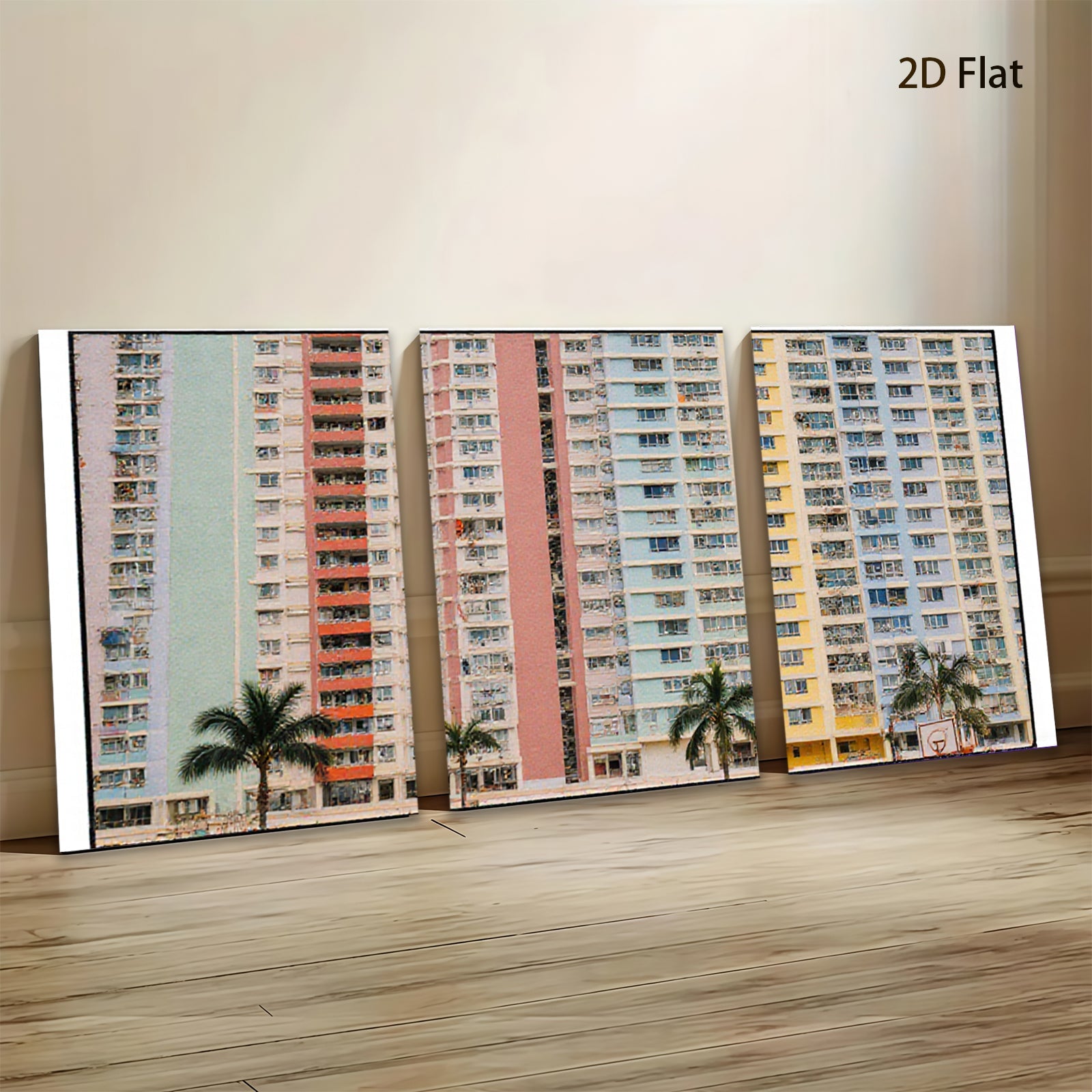 2D flat 1pc Colorful Hong Kong Apartment Buildings Modern Wall Art Living Room Bedroom Decor Coastal Aesthetic Gallery Wrapped Canvas Print Farmhouse Style
