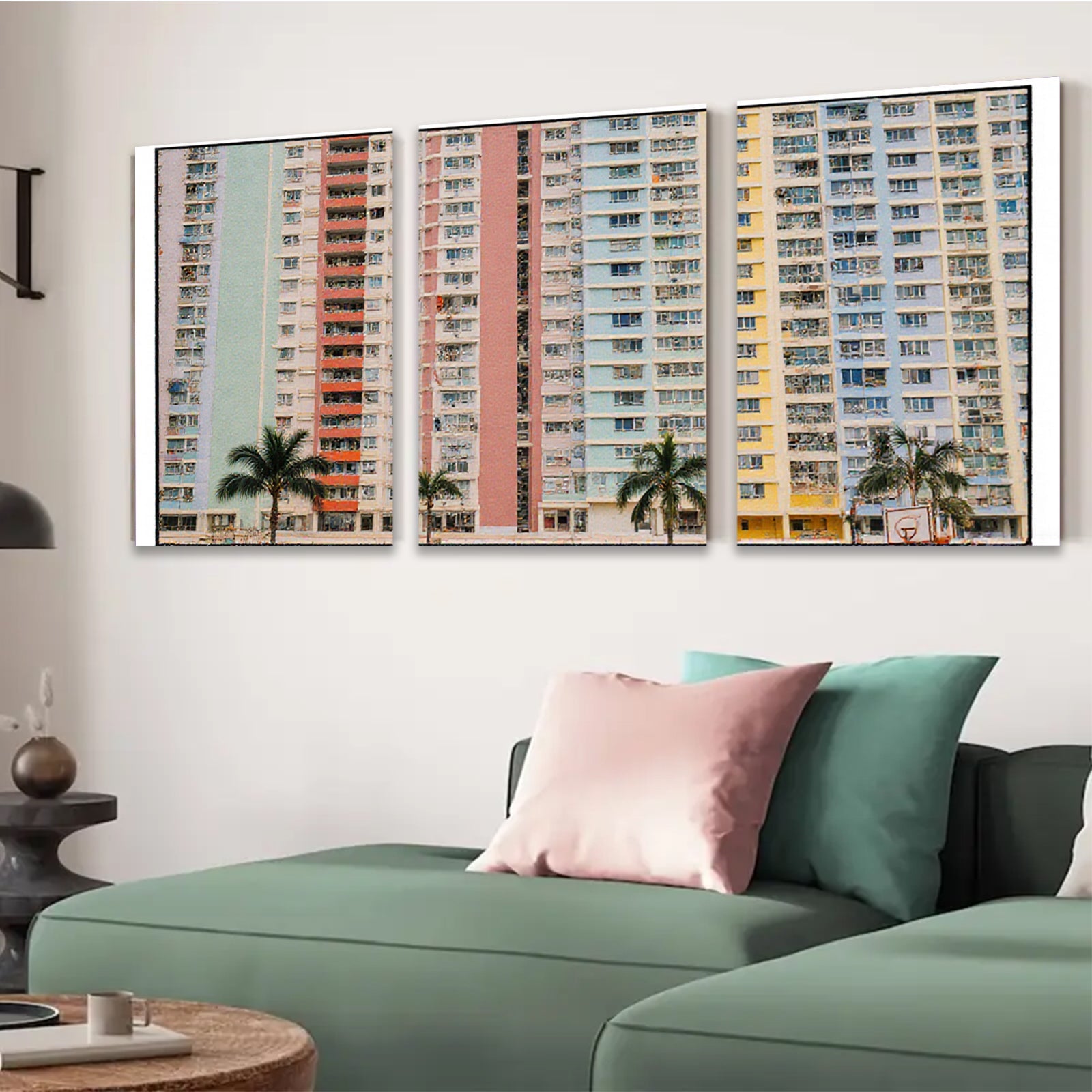 2D flat 1pc Colorful Hong Kong Apartment Buildings Modern Wall Art Living Room Bedroom Decor Coastal Aesthetic Gallery Wrapped Canvas Print Farmhouse Style